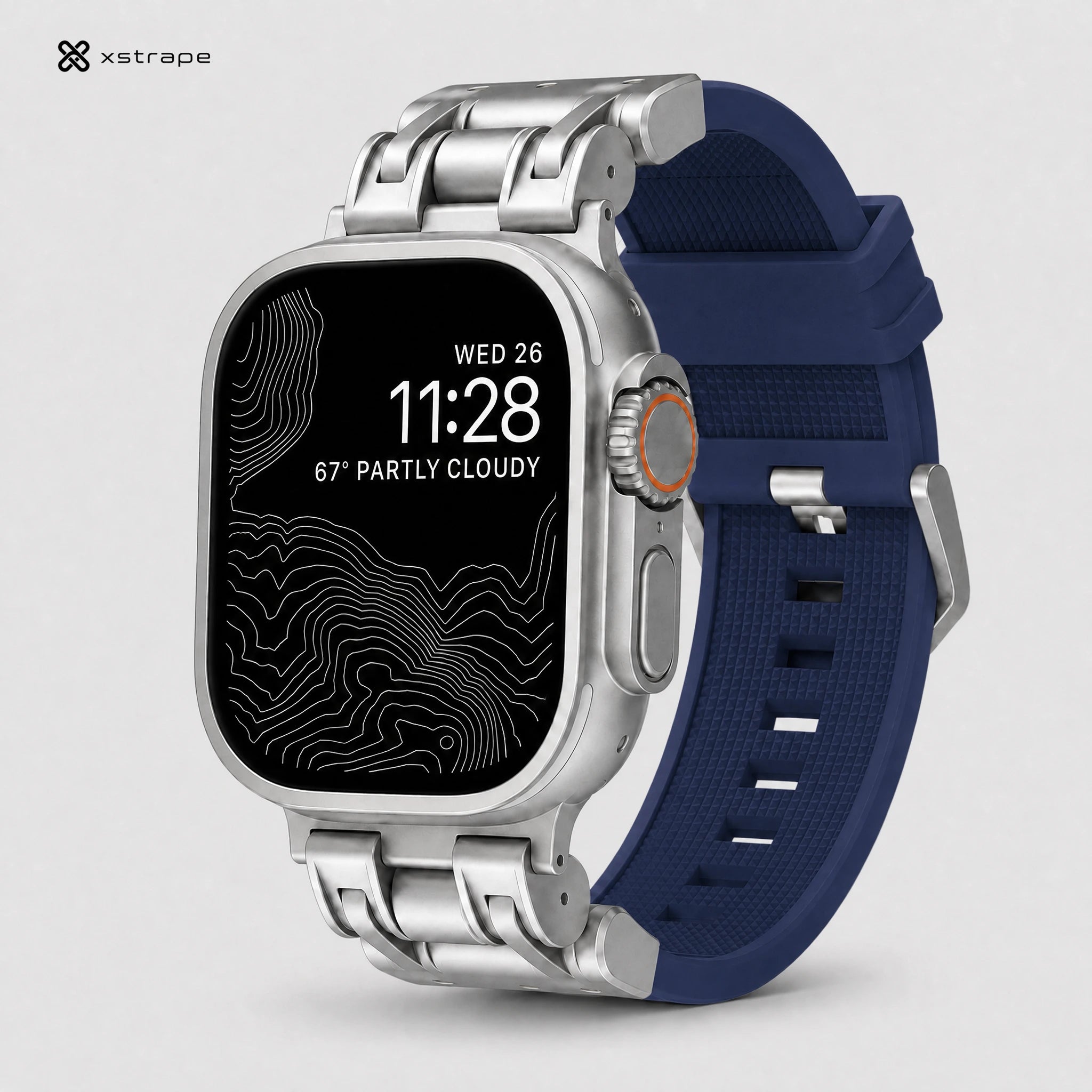 xstrape Rugged Titanium-Style Apple Watch Ultra Case with Navy Blue Silicone Band
