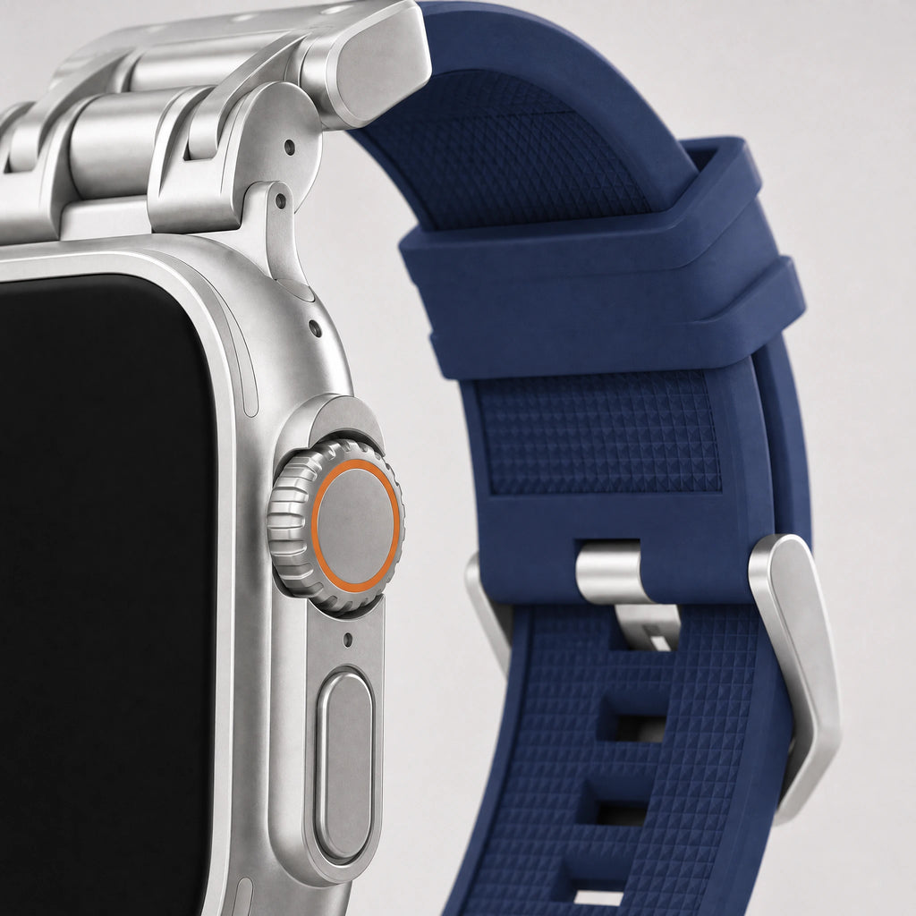 xstrape Rugged Titanium-Style Apple Watch Ultra Case with Navy Blue Silicone Band
