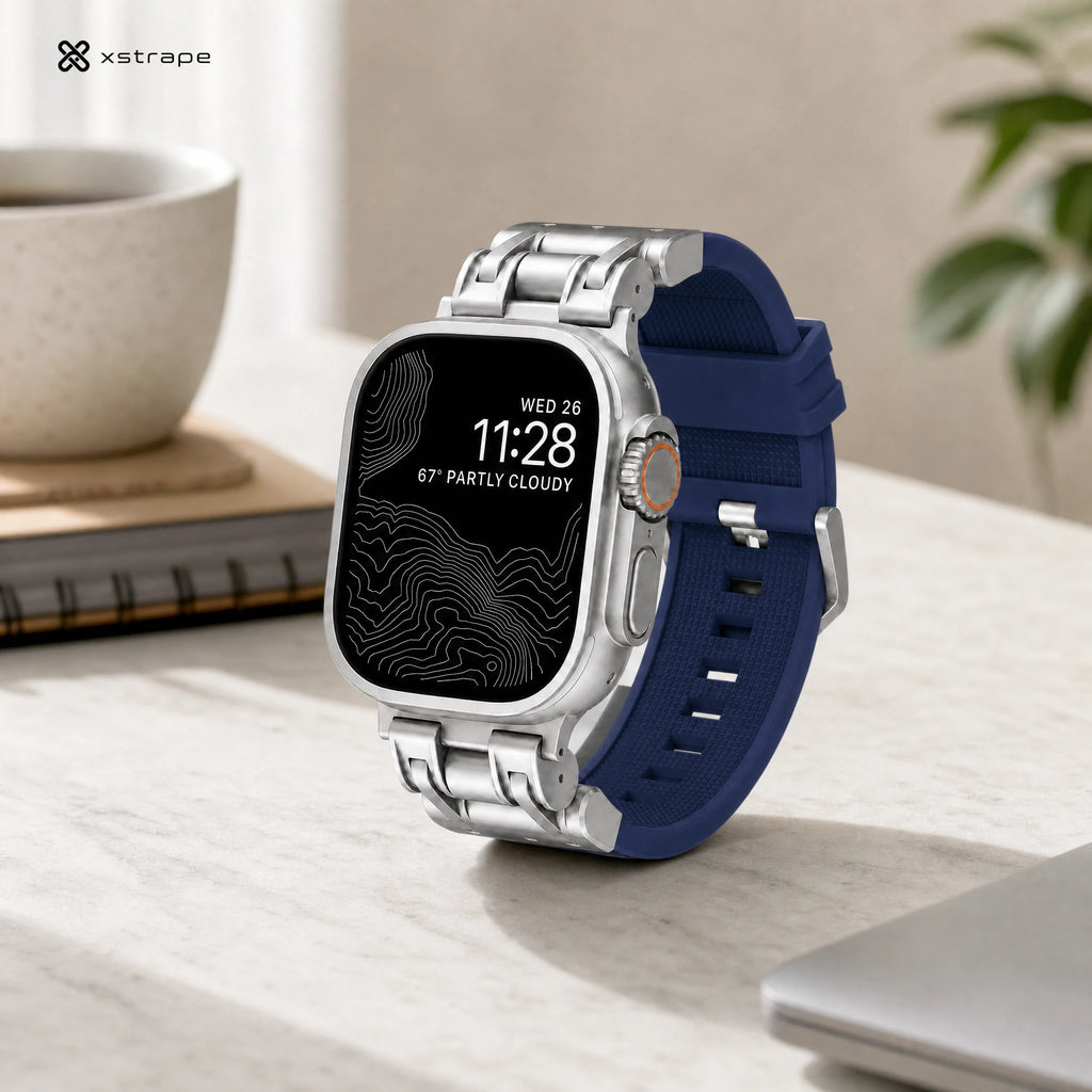 xstrape Rugged Titanium-Style Apple Watch Ultra Case with Navy Blue Silicone Band