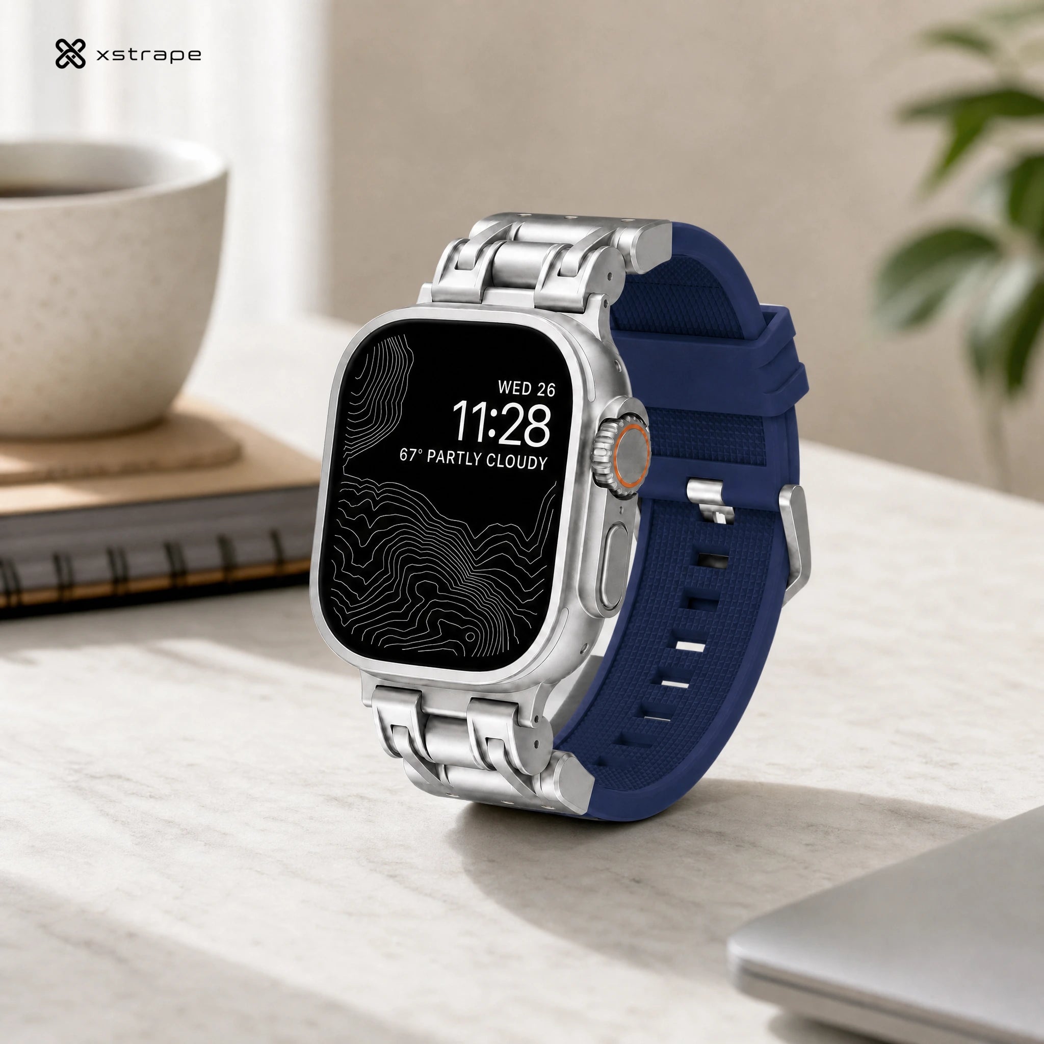 xstrape Rugged Titanium-Style Apple Watch Ultra Case with Navy Blue Silicone Band