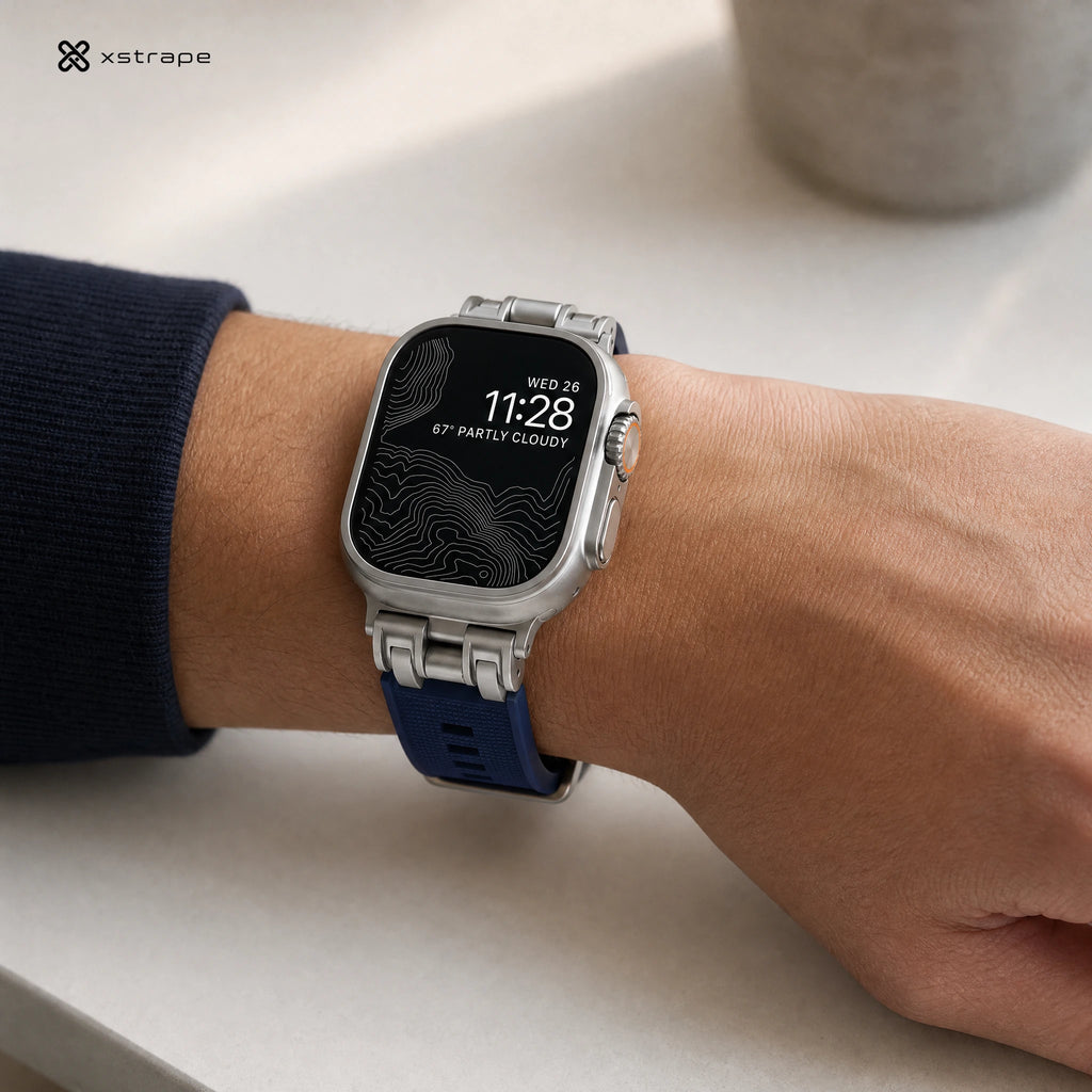xstrape Rugged Titanium-Style Apple Watch Ultra Case with Navy Blue Silicone Band