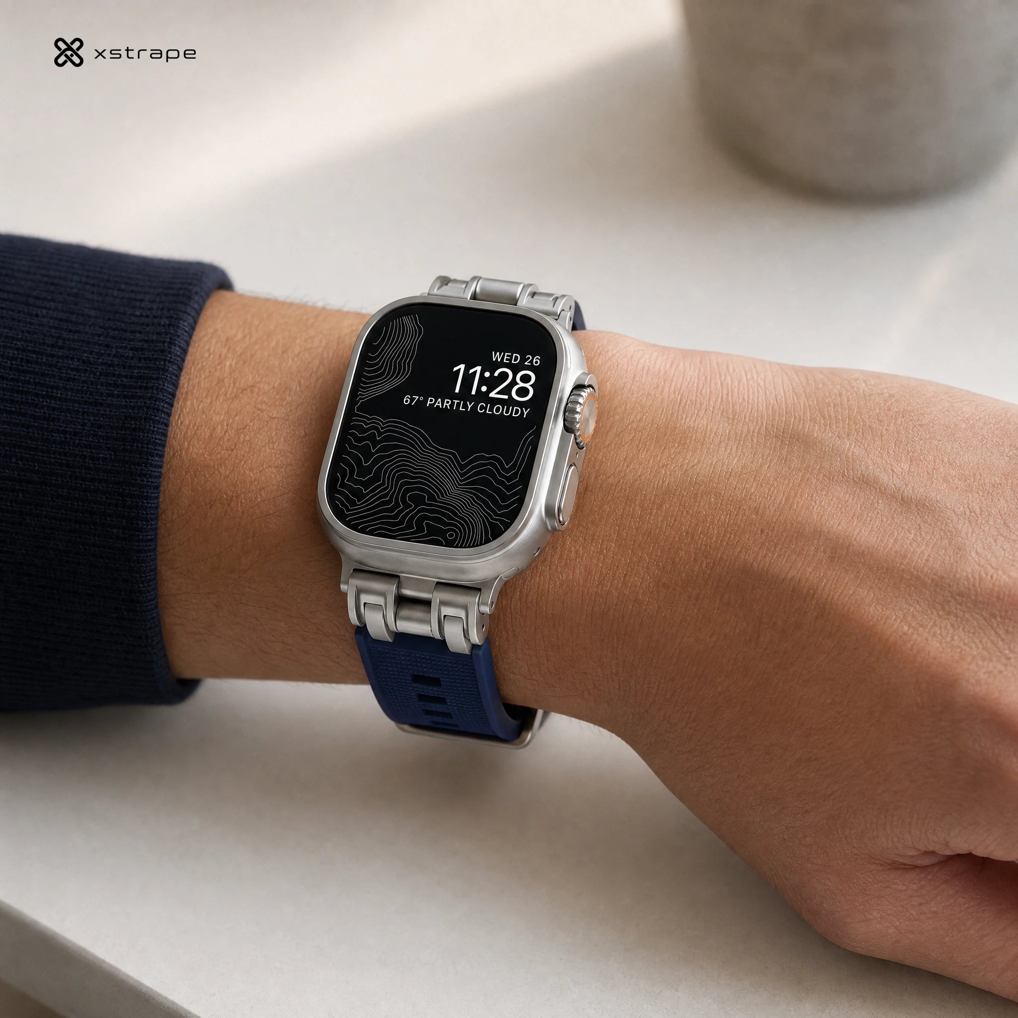 xstrape Rugged Titanium-Style Apple Watch Ultra Case with Navy Blue Silicone Band