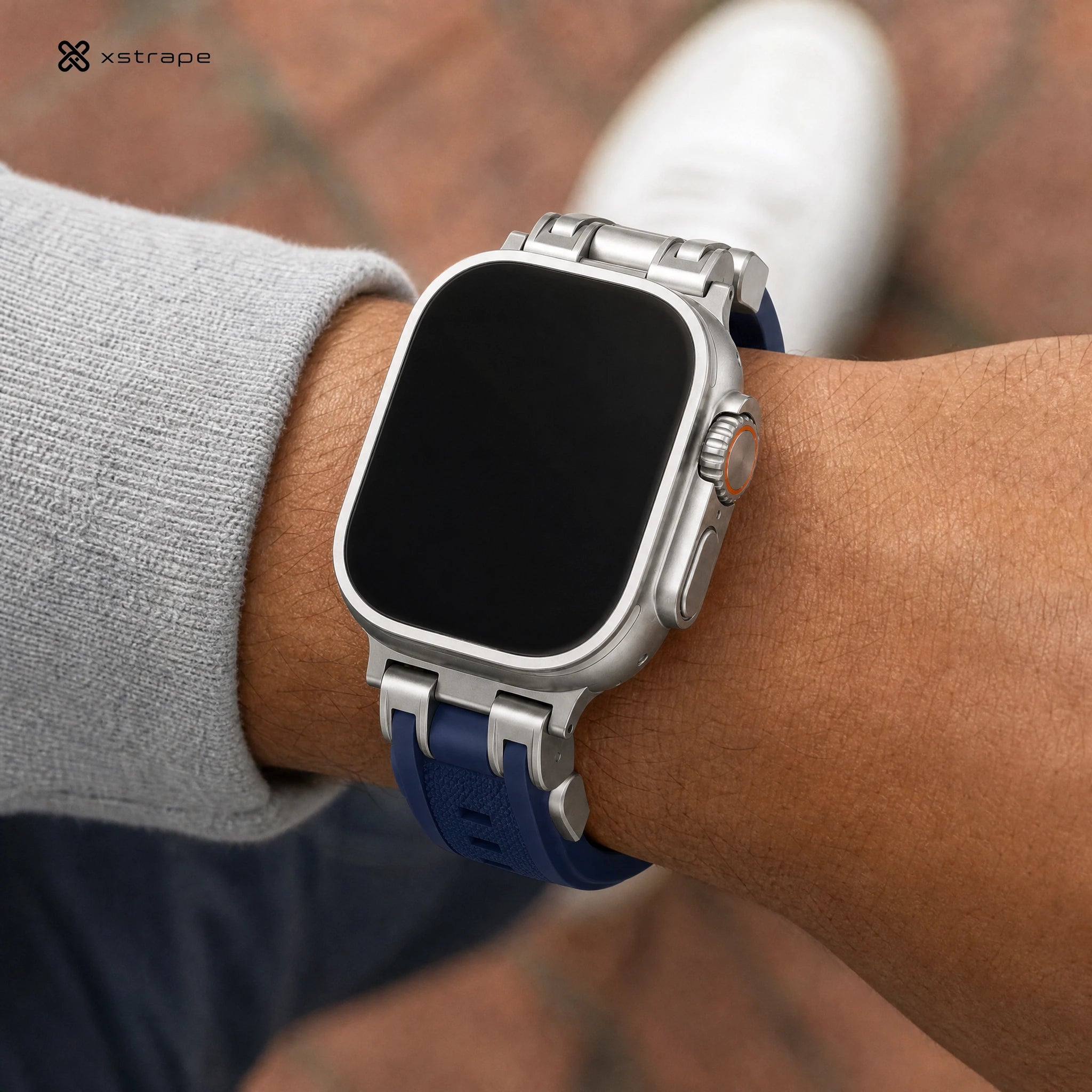 xstrape Rugged Titanium-Style Apple Watch Ultra Case with Navy Blue Silicone Band