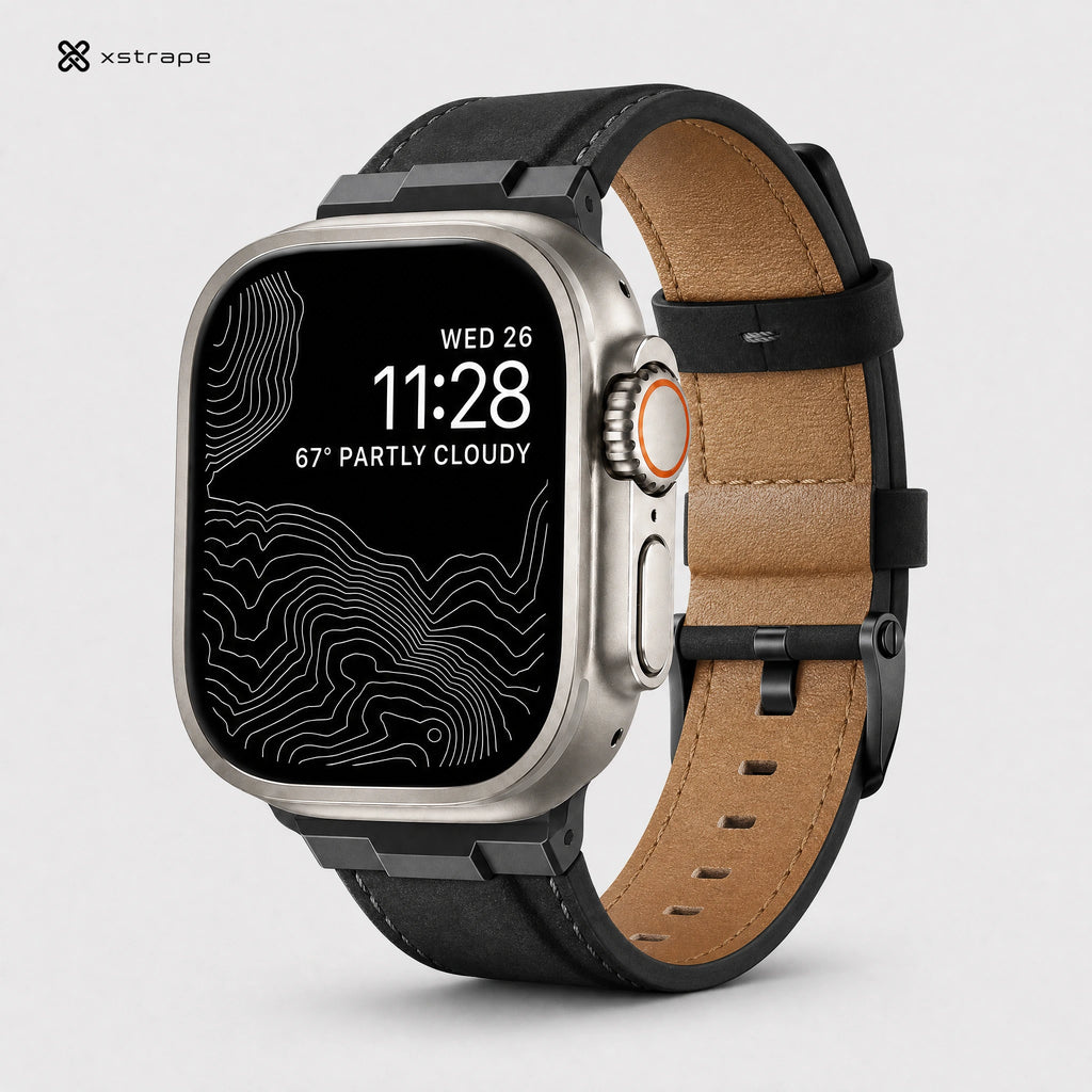 xstrape Rugged Black Leather Band with Protective Case for Apple Watch Ultra