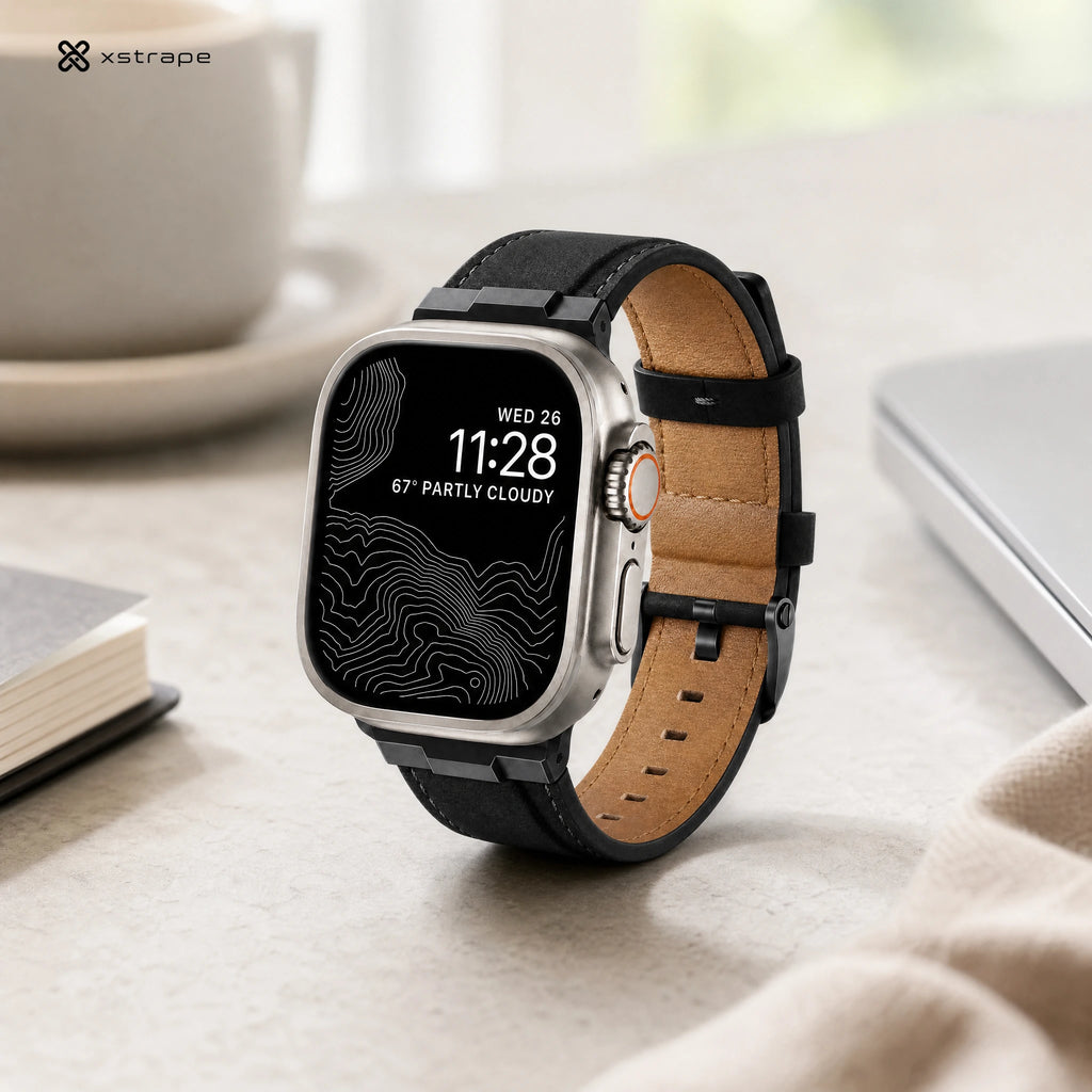 xstrape Rugged Black Leather Band with Protective Case for Apple Watch Ultra