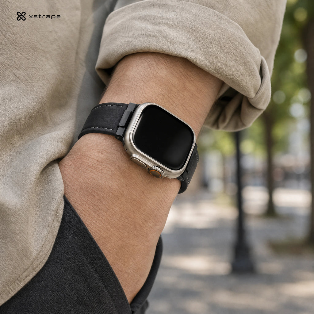 xstrape Rugged Black Leather Band with Protective Case for Apple Watch Ultra