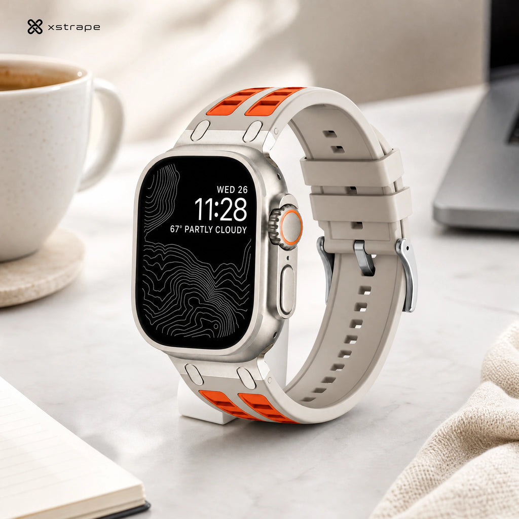 Rugged Silicone Sport Band for Apple Watch Ultra - Sand Beige with Orange Accents