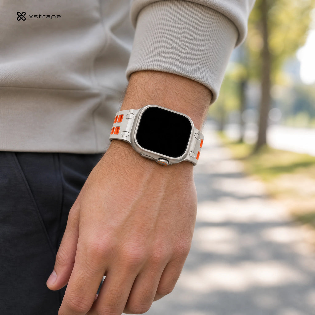 Rugged Silicone Sport Band for Apple Watch Ultra - Sand Beige with Orange Accents