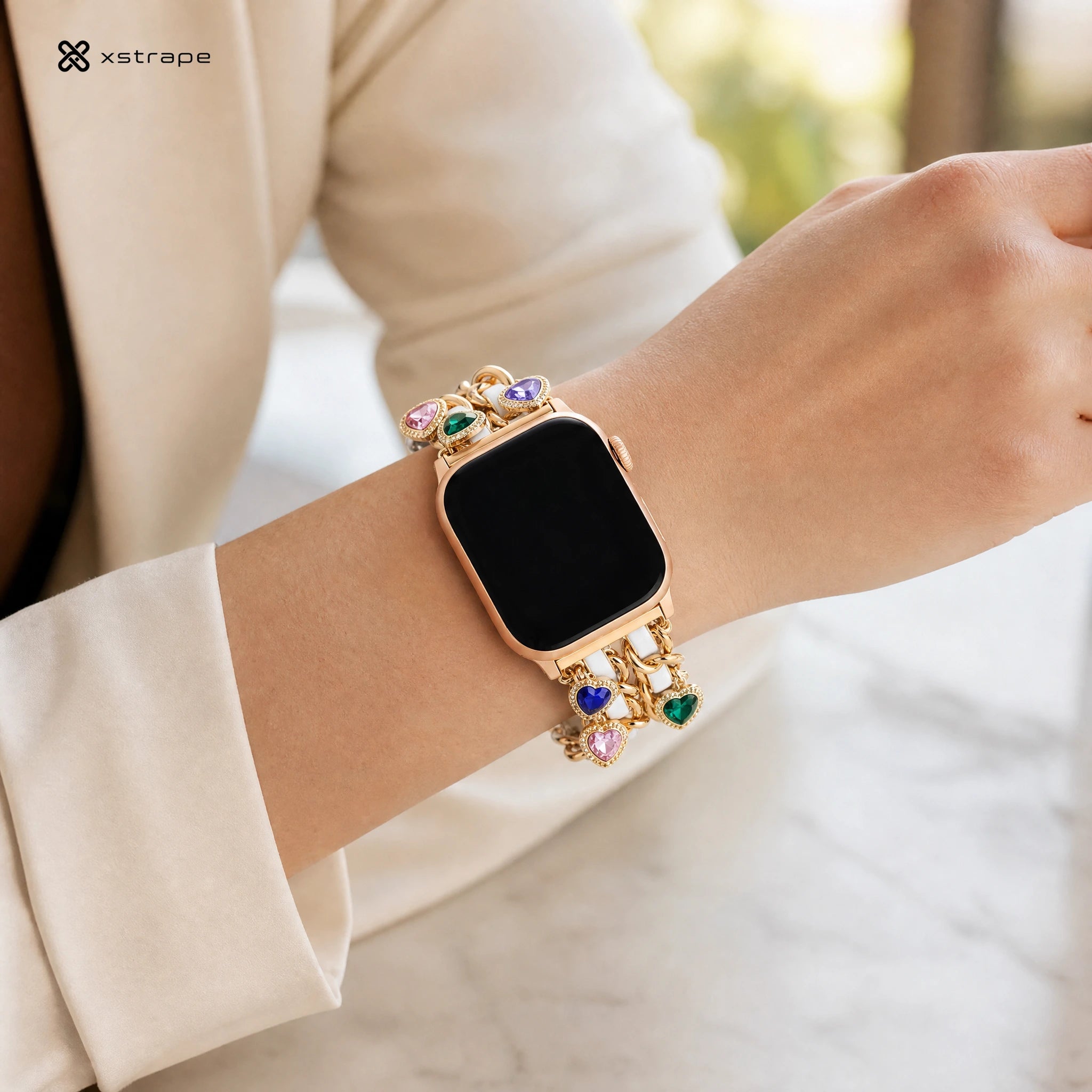 xstrape Gold Heart Charm Apple Watch Band with Crystal Accents