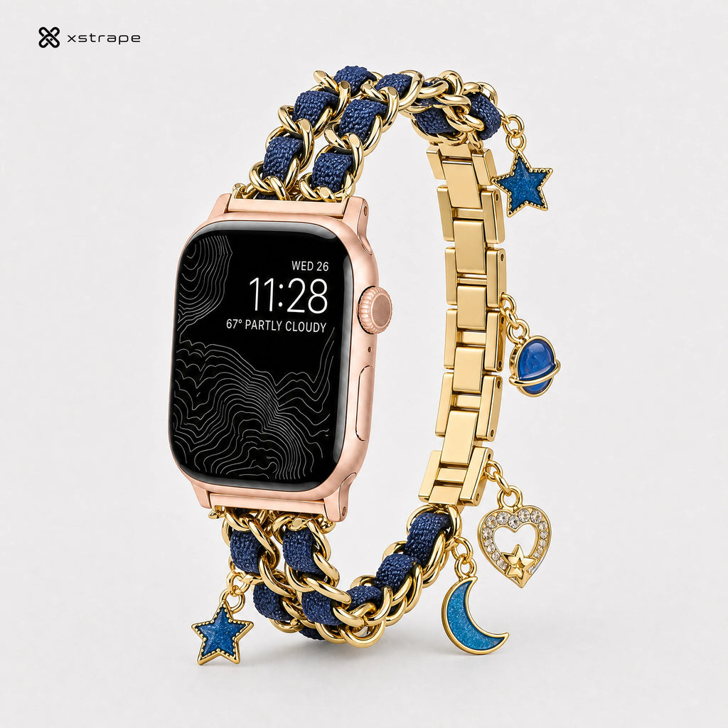 Gold Chain Apple Watch Band with Navy Braided Cord and Celestial Charms
