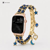 Gold Chain Apple Watch Band with Navy Braided Cord and Celestial Charms