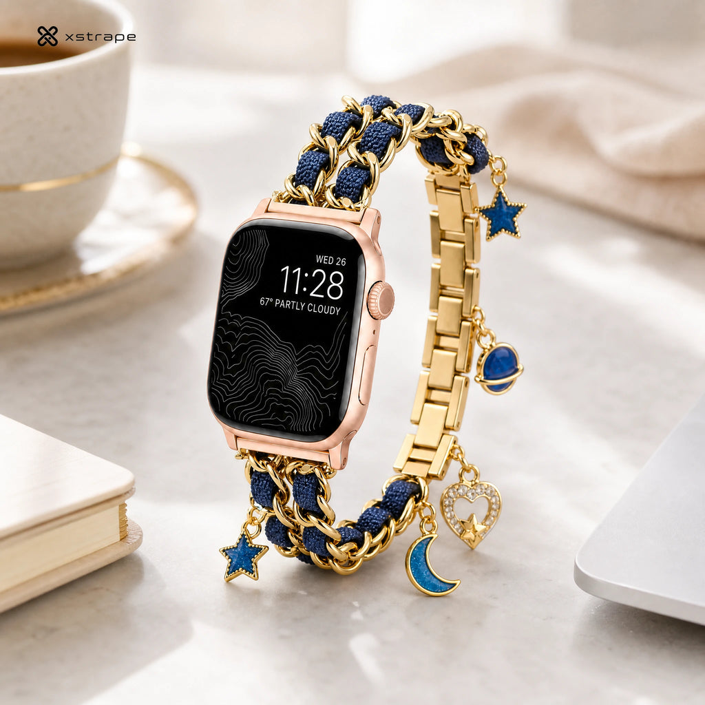 Gold Chain Apple Watch Band with Navy Braided Cord and Celestial Charms