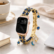 Gold Chain Apple Watch Band with Navy Braided Cord and Celestial Charms