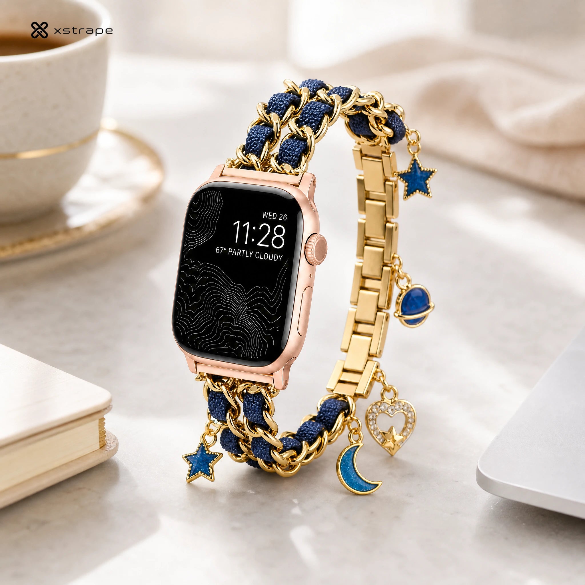 Gold Chain Apple Watch Band with Navy Braided Cord and Celestial Charms
