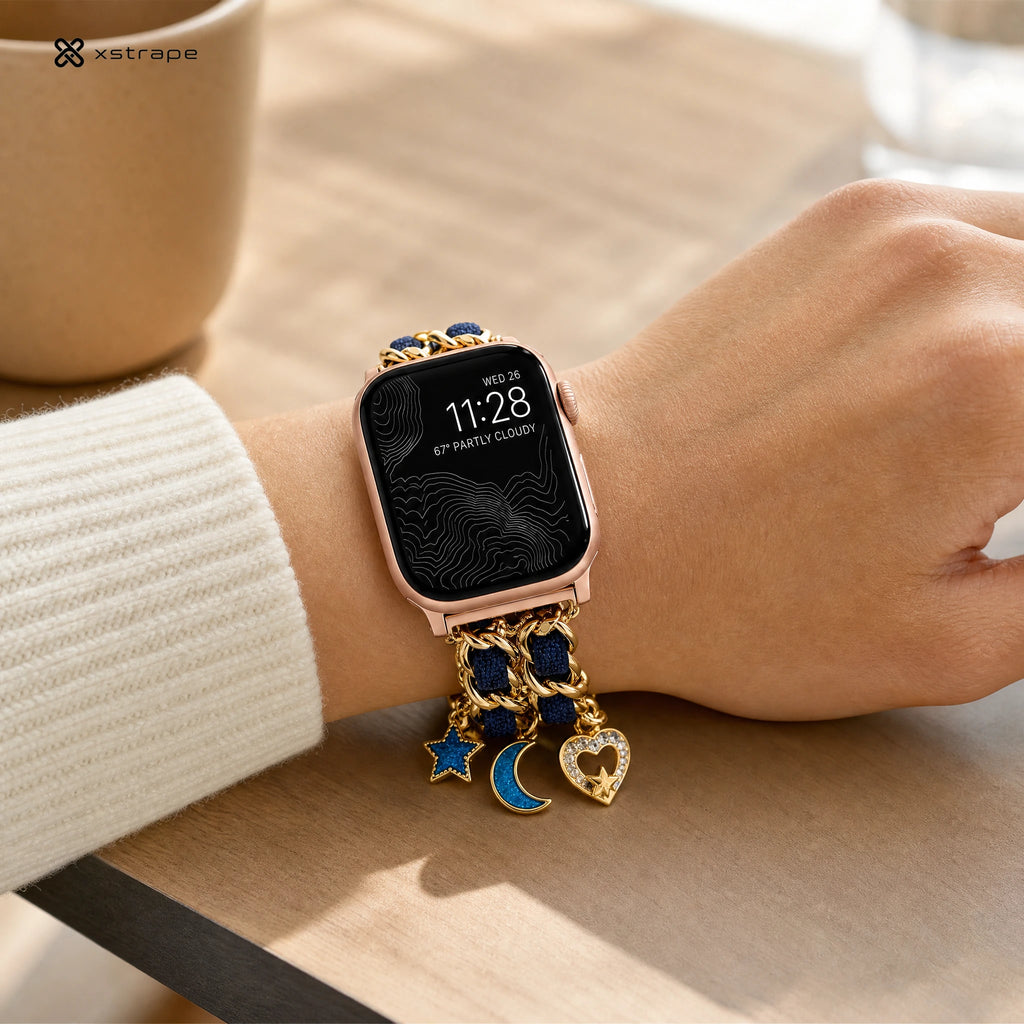 Gold Chain Apple Watch Band with Navy Braided Cord and Celestial Charms