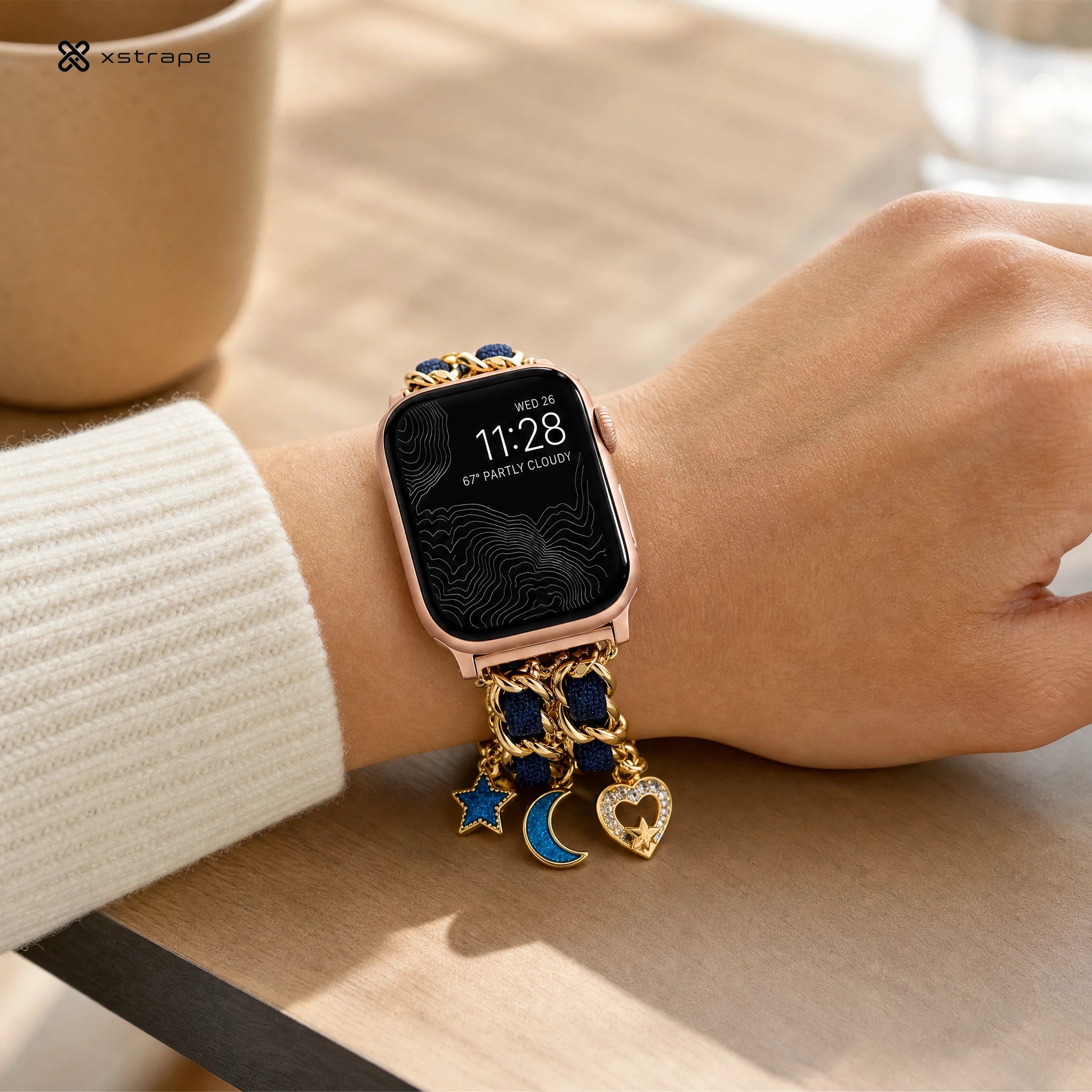 Gold Chain Apple Watch Band with Navy Braided Cord and Celestial Charms