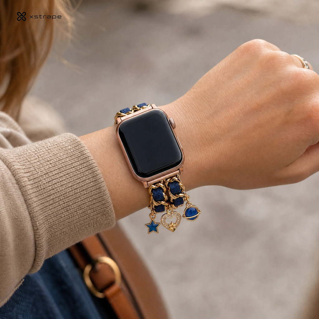 Gold Chain Apple Watch Band with Navy Braided Cord and Celestial Charms