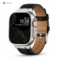 xstrape Rugged Silver Metal Apple Watch Case with Black Leather Band