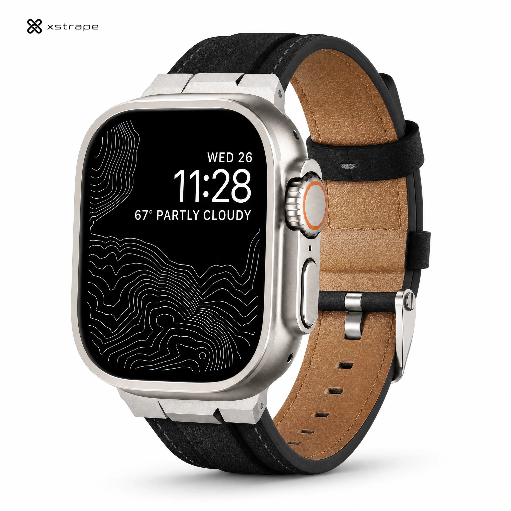 xstrape Rugged Silver Metal Apple Watch Case with Black Leather Band