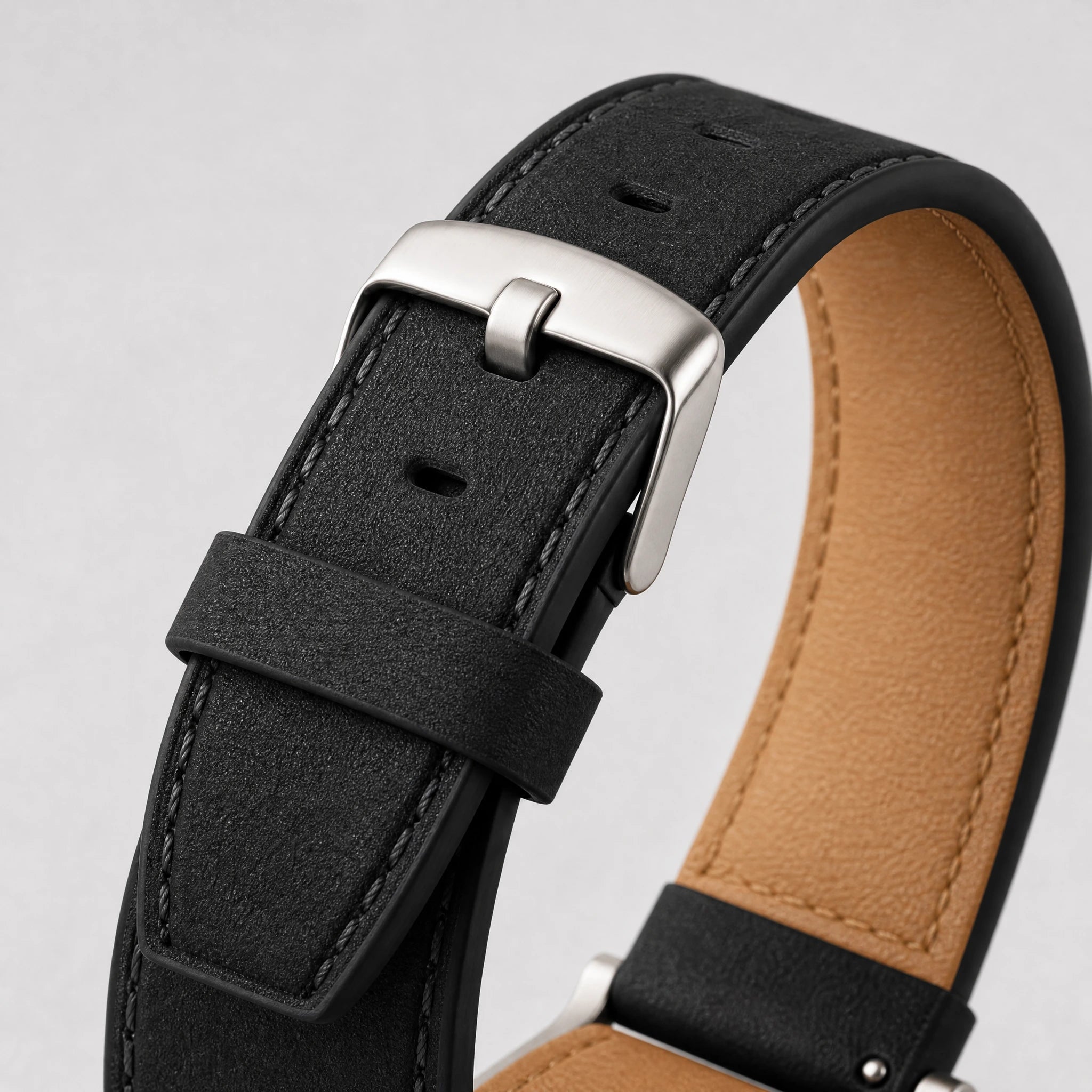 xstrape Rugged Silver Metal Apple Watch Case with Black Leather Band