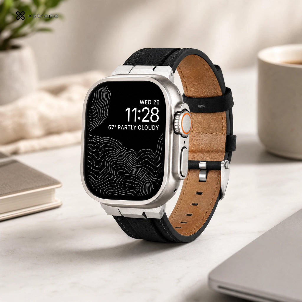 xstrape Rugged Silver Metal Apple Watch Case with Black Leather Band