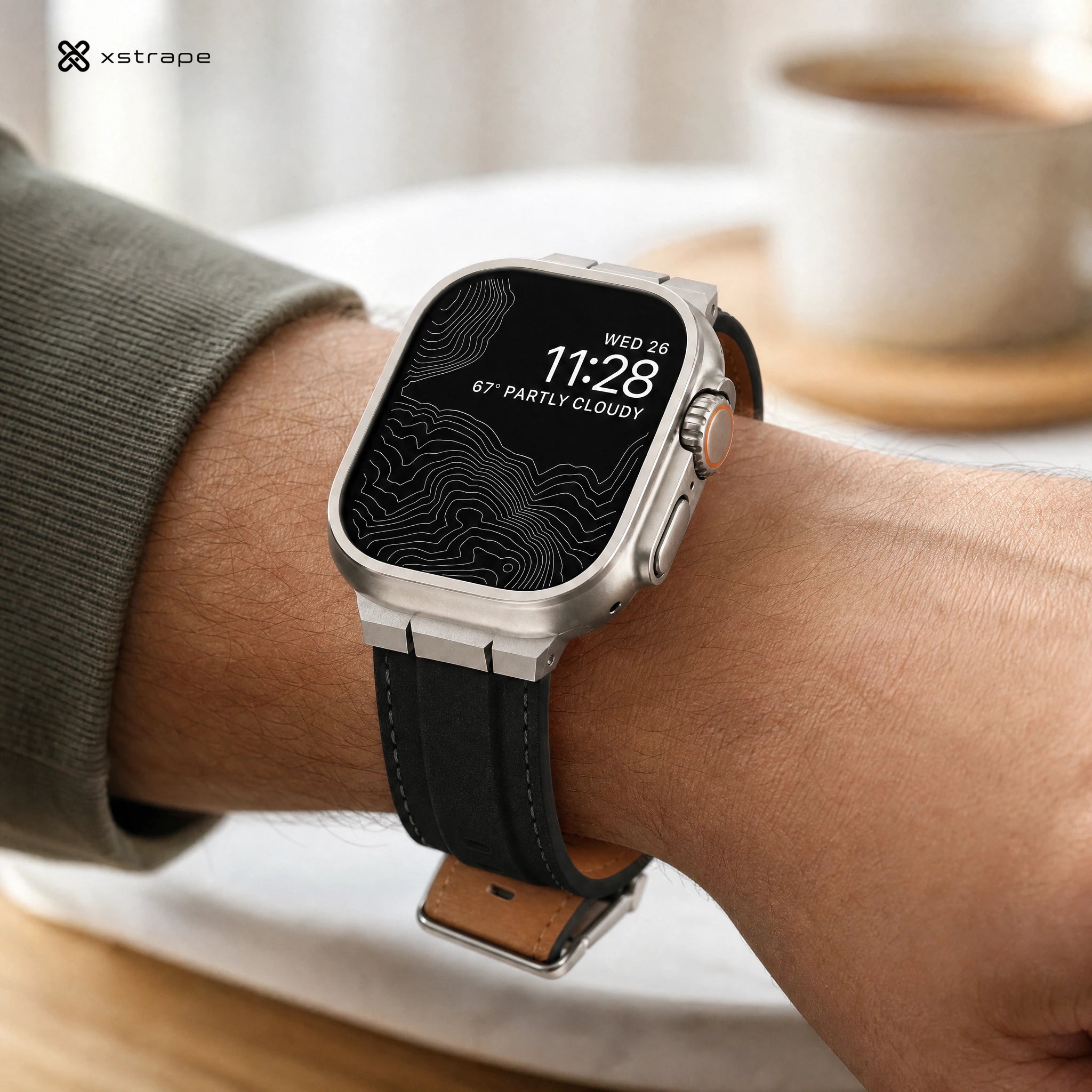 xstrape Rugged Silver Metal Apple Watch Case with Black Leather Band