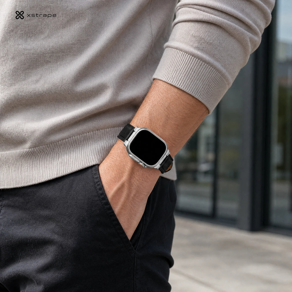 xstrape Rugged Silver Metal Apple Watch Case with Black Leather Band