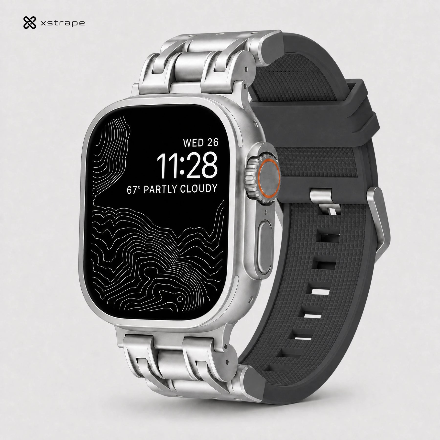 xstrape Rugged Titanium-Style Apple Watch Ultra Case Band with Black Silicone Strap