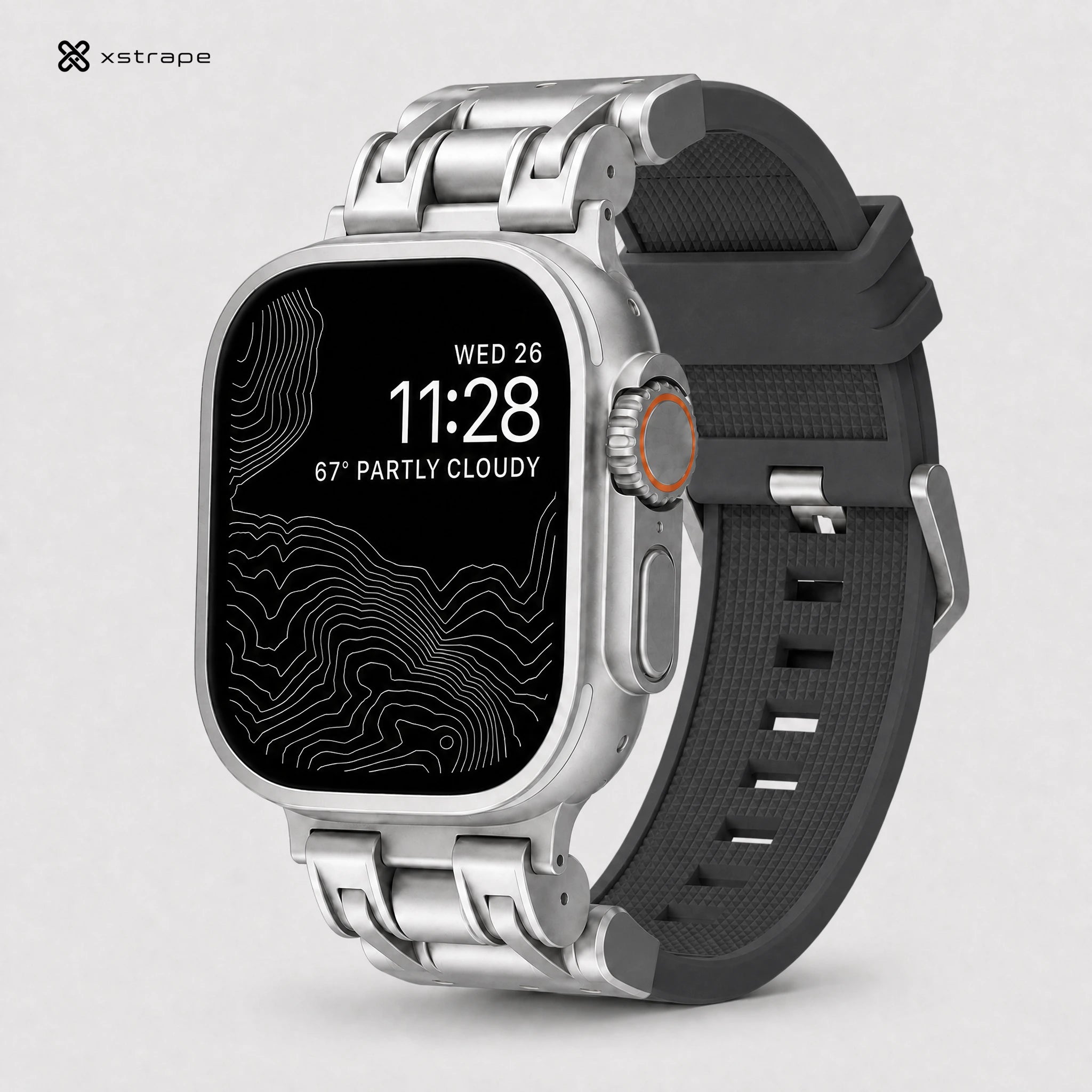 xstrape Rugged Titanium-Style Apple Watch Ultra Case Band with Black Silicone Strap