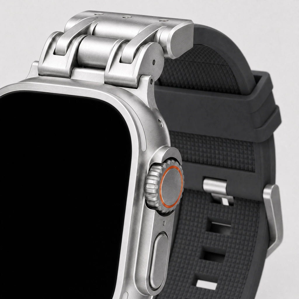 xstrape Rugged Titanium-Style Apple Watch Ultra Case Band with Black Silicone Strap