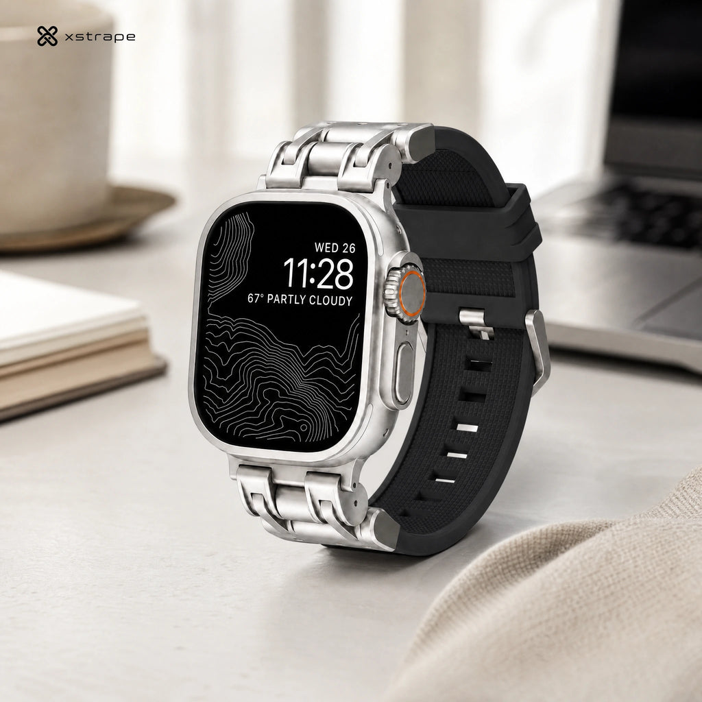 xstrape Rugged Titanium-Style Apple Watch Ultra Case Band with Black Silicone Strap