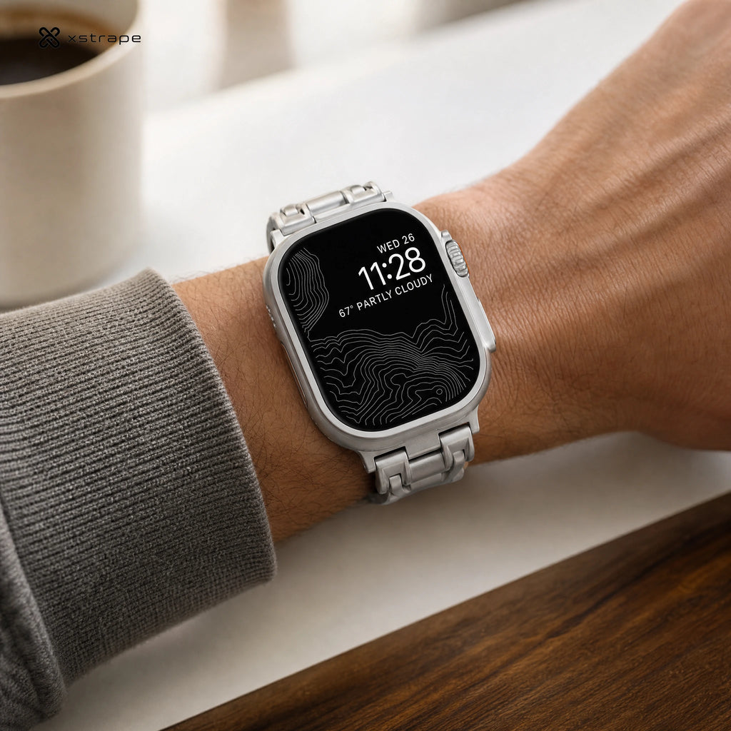 xstrape Rugged Titanium-Style Apple Watch Ultra Case Band with Black Silicone Strap