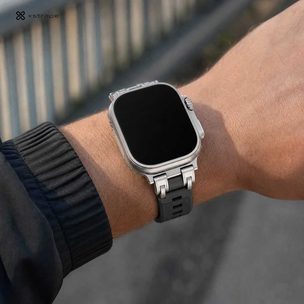xstrape Rugged Titanium-Style Apple Watch Ultra Case Band with Black Silicone Strap