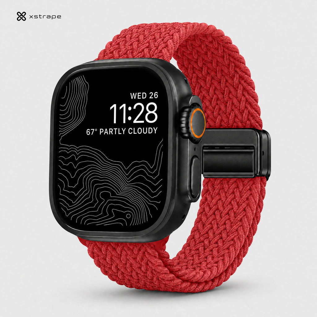 Red Braided Stretch Apple Watch Band with Adjustable Buckle