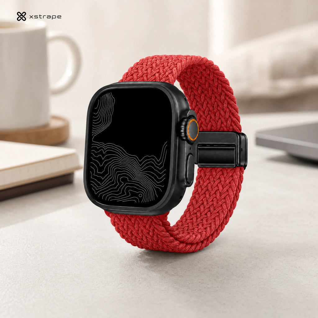 Red Braided Stretch Apple Watch Band with Adjustable Buckle