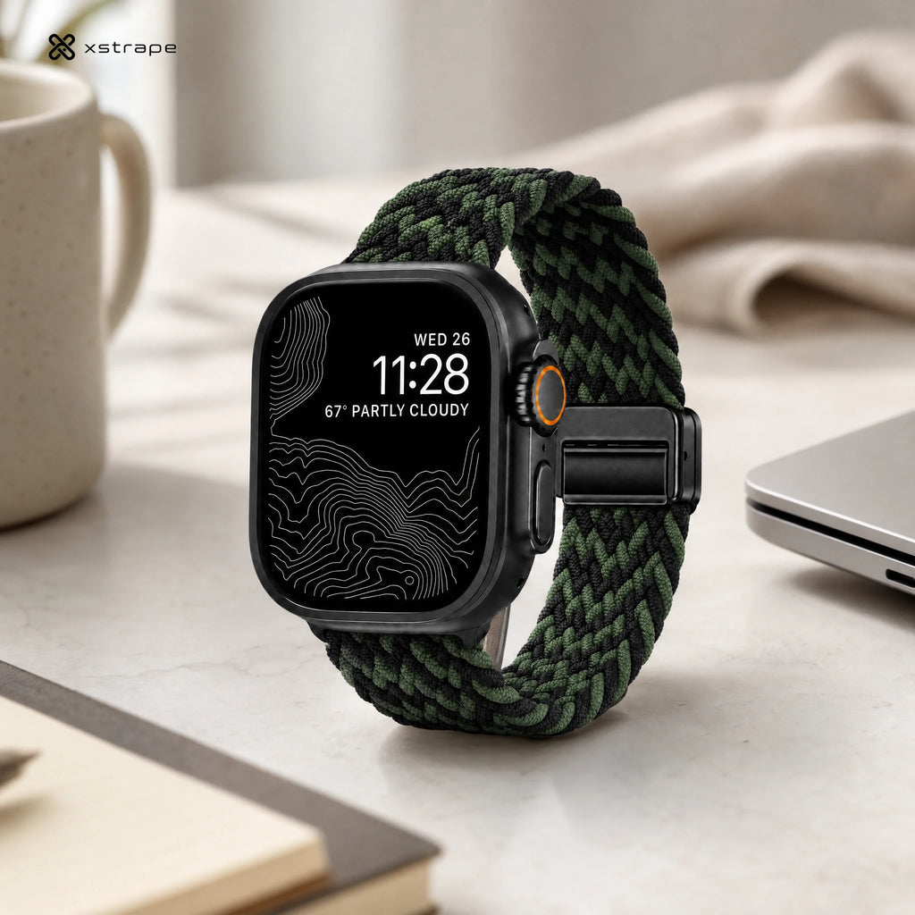 xstrape Green Black Braided Apple Watch Band - Rugged Stretch Nylon Loop Strap