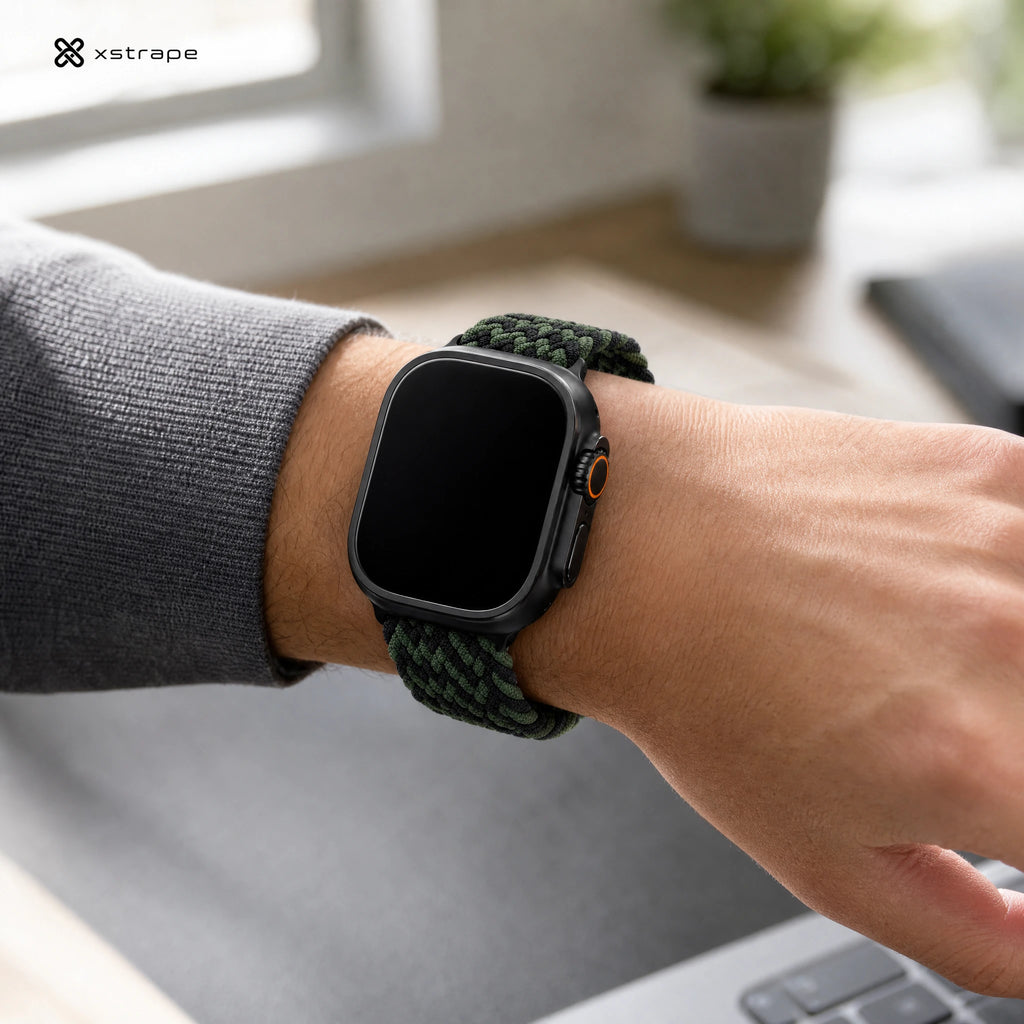 xstrape Green Black Braided Apple Watch Band - Rugged Stretch Nylon Loop Strap