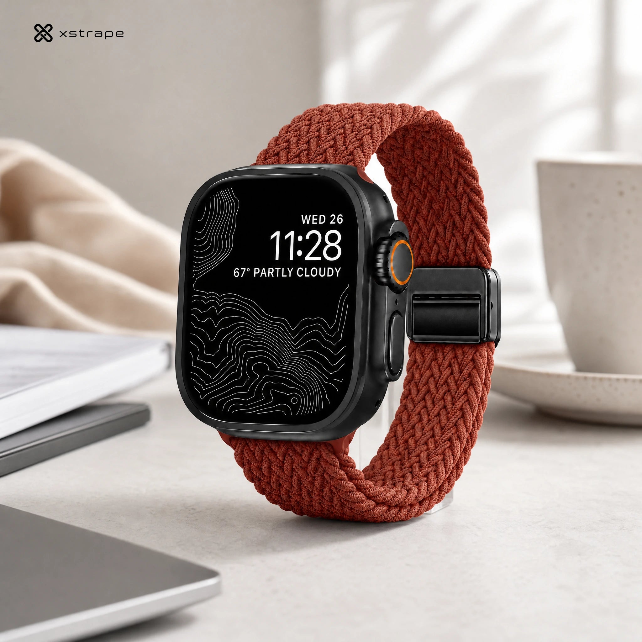 xstrape Orange Braided Stretch Apple Watch Band with Rugged Black Case