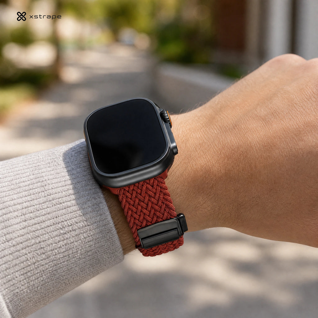 xstrape Orange Braided Stretch Apple Watch Band with Rugged Black Case