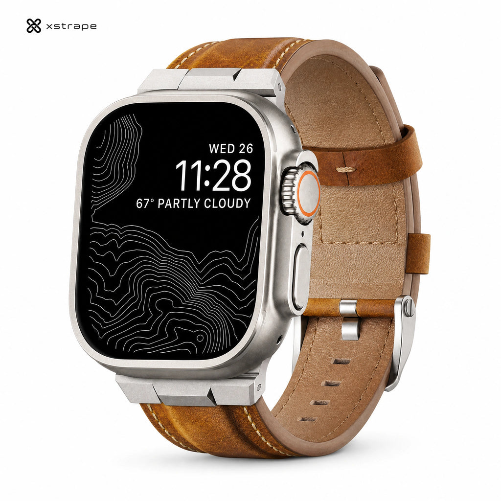 xstrape Rugged Brown Leather Apple Watch Ultra Band with Titanium-Style Protective Case