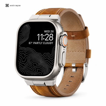 xstrape Rugged Brown Leather Apple Watch Ultra Band with Titanium-Style Protective Case