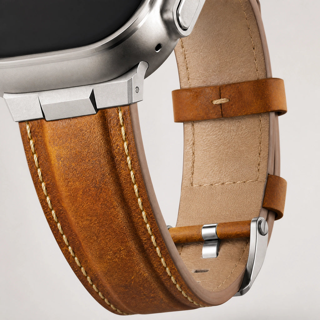 xstrape Rugged Brown Leather Apple Watch Ultra Band with Titanium-Style Protective Case