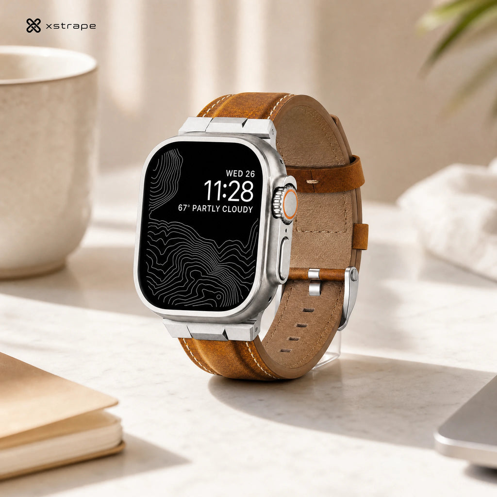 xstrape Rugged Brown Leather Apple Watch Ultra Band with Titanium-Style Protective Case