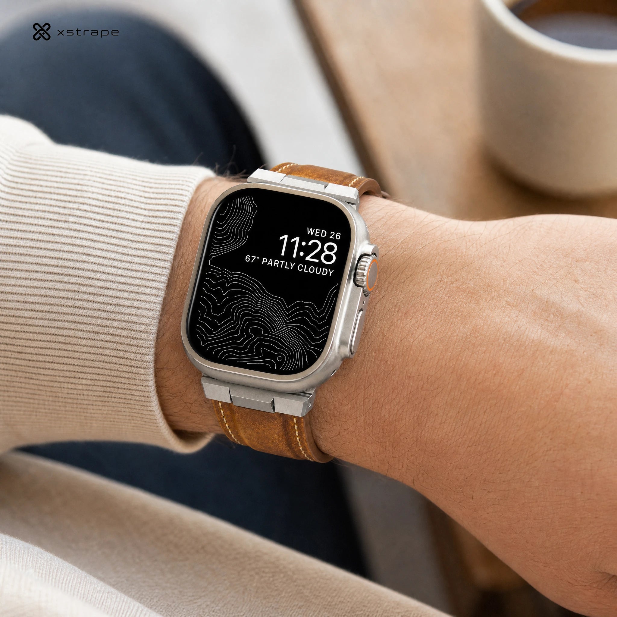 xstrape Rugged Brown Leather Apple Watch Ultra Band with Titanium-Style Protective Case