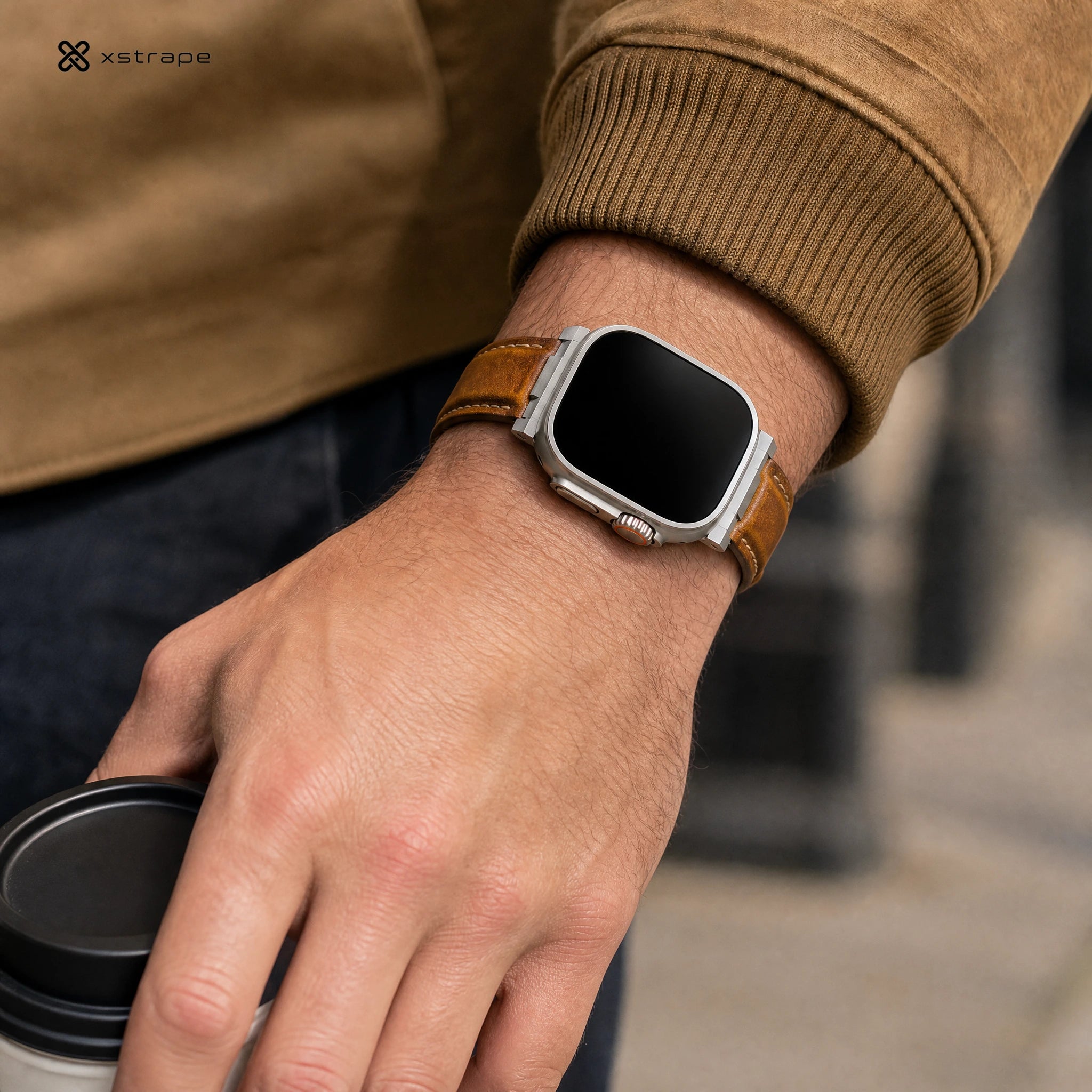 xstrape Rugged Brown Leather Apple Watch Ultra Band with Titanium-Style Protective Case