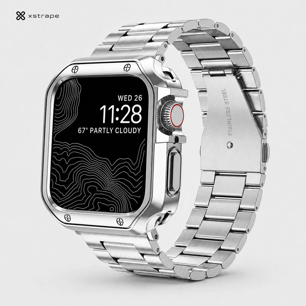 xstrape Silver Stainless Steel Apple Watch Band with Rugged Protective Case