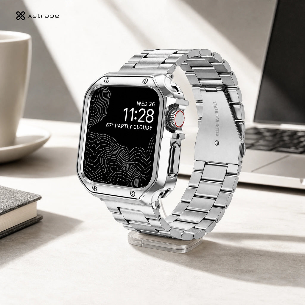 xstrape Silver Stainless Steel Apple Watch Band with Rugged Protective Case