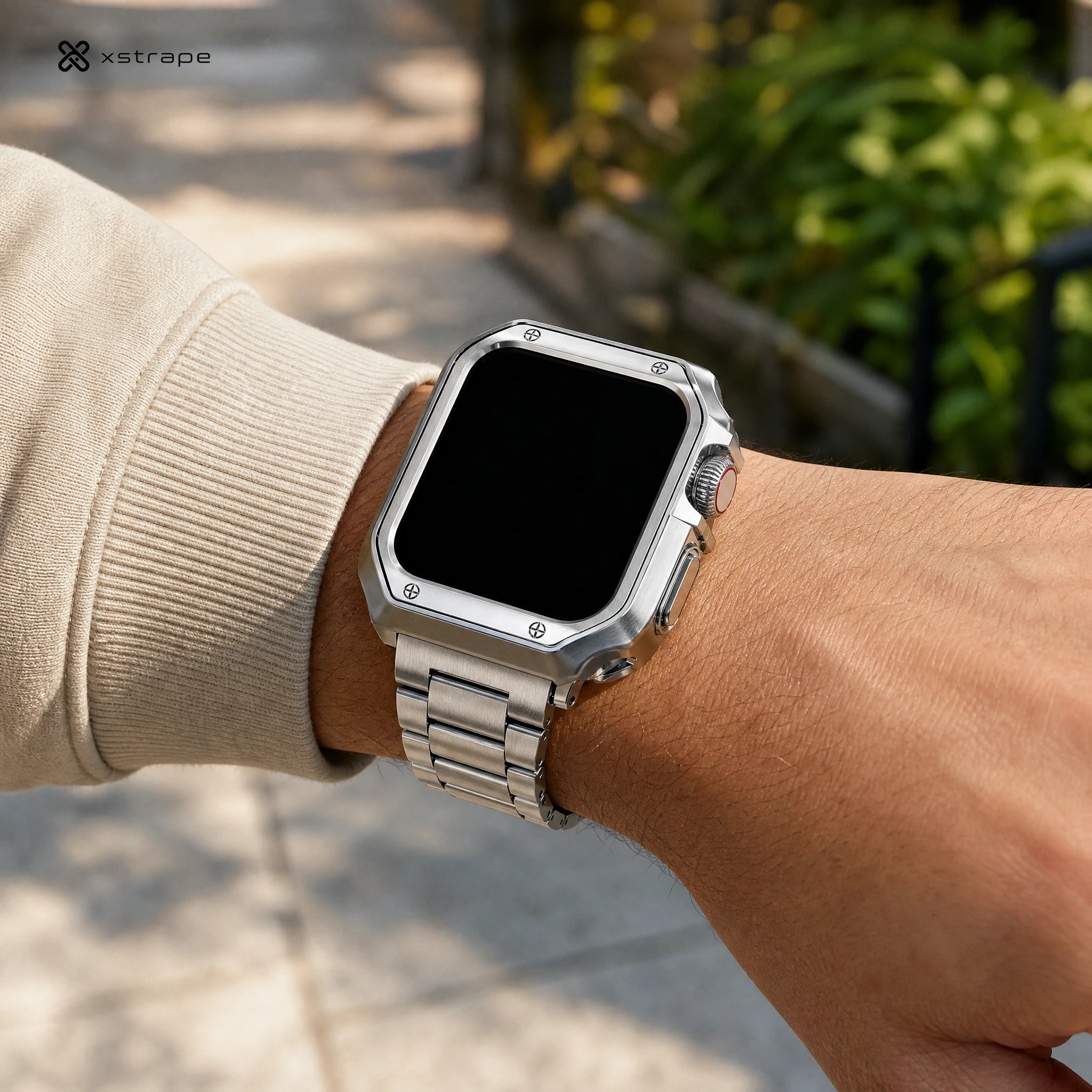 xstrape Silver Stainless Steel Apple Watch Band with Rugged Protective Case