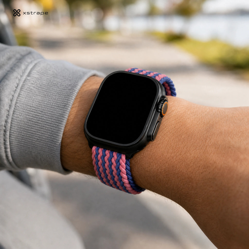 xstrape Pink Blue Braided Solo Loop Apple Watch Band - Stretch Nylon Strap for Apple Watch Ultra & Series