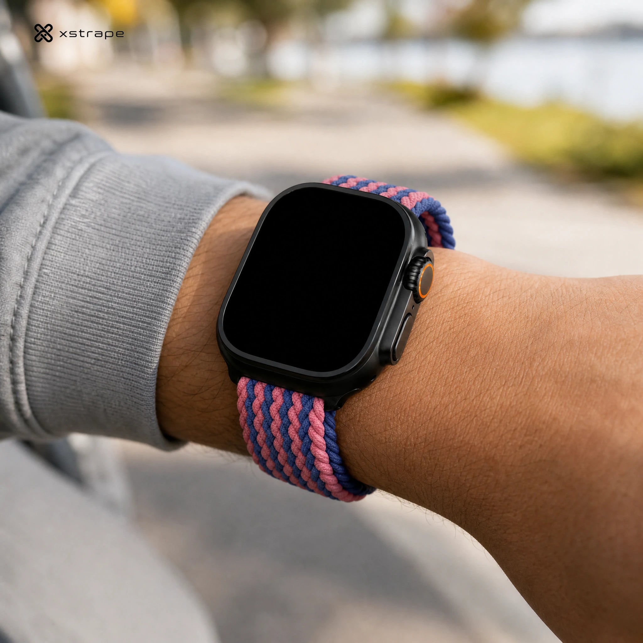 xstrape Pink Blue Braided Solo Loop Apple Watch Band - Stretch Nylon Strap for Apple Watch Ultra & Series